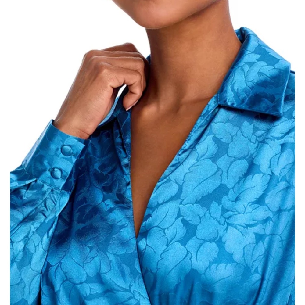 Aqua Blue Floral Print Long Sleeve Mini Dress Shirt Dress XS - Picture 4 of 10